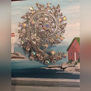 Silver and Iridescent Crystal Brooch